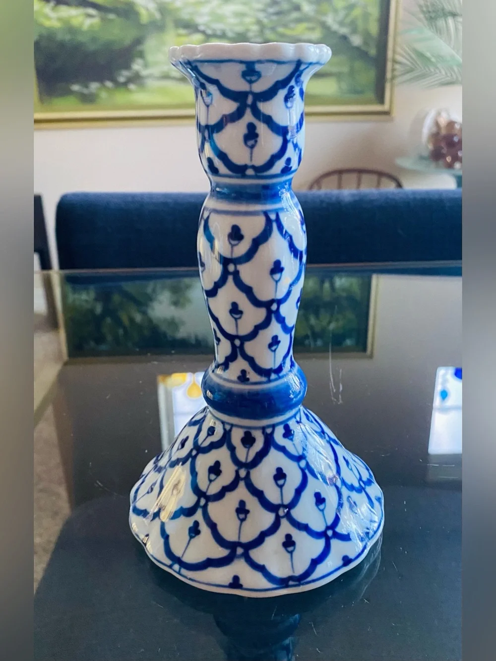 VTG Andrea by Sadek Candlestick Blue White Chinoiserie Porcelain 7”